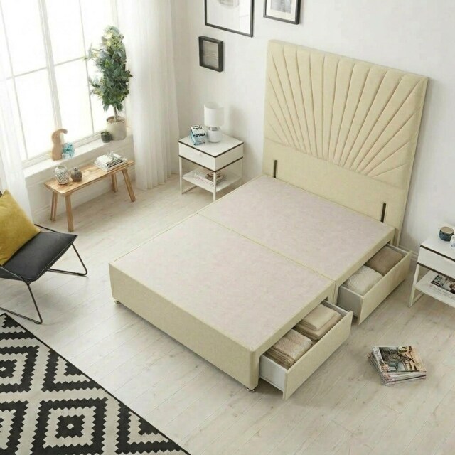 Sunburst Divan Bed with 4 Drawers & 54'' Floor Standing Headboard Linen Fabric Yellow Beige