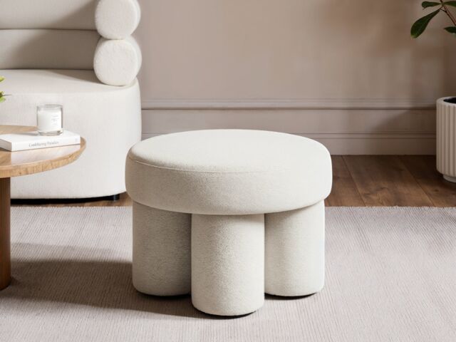 SOLACE+CO Ferro Low Round Pouffe Beige Sherpa Fleece