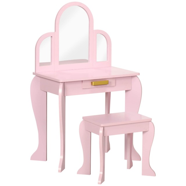 HOMCOM Kids Dressing Table and Stool Kids Vanity Set Makeup Desk w/ Mirror, Drawer, for Ages 3-6 Years, Pink Pink Pink