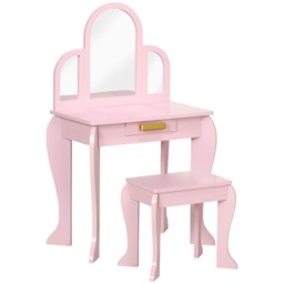 HOMCOM Kids Dressing Table and Stool Kids Vanity Set Makeup Desk w/ Mirror, Drawer, for Ages 3-6 Years, Pink Pink Pink
