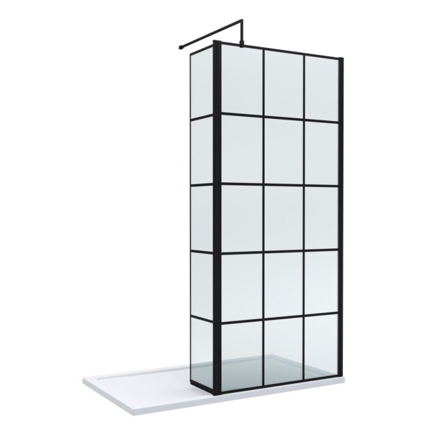 Balterley Glass Walk In Wetroom Screen and Hinged Return Screen with Framed Design and Shower Tray Black Matt Black