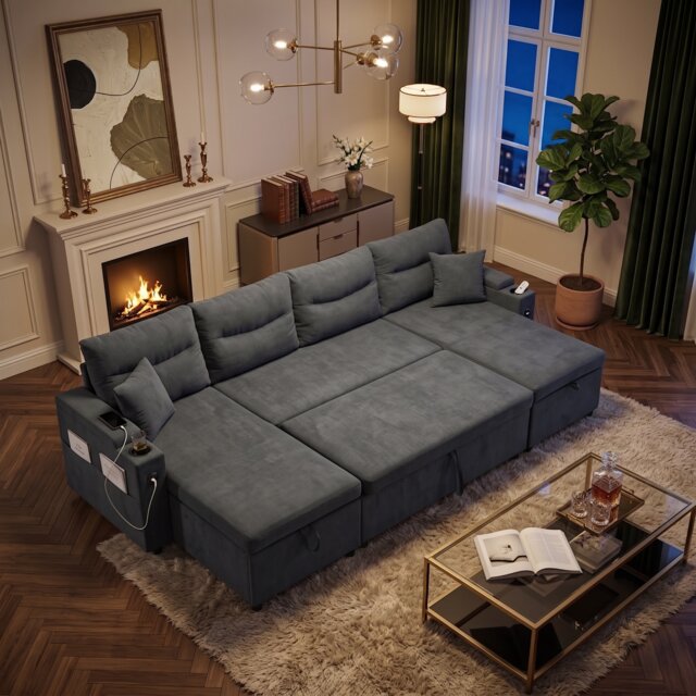 FENCHILIN 4-Seater Linen Pull-out Sofa Bed with Dual Storage Chaise Lounges, Cup Holders, Side Pockets