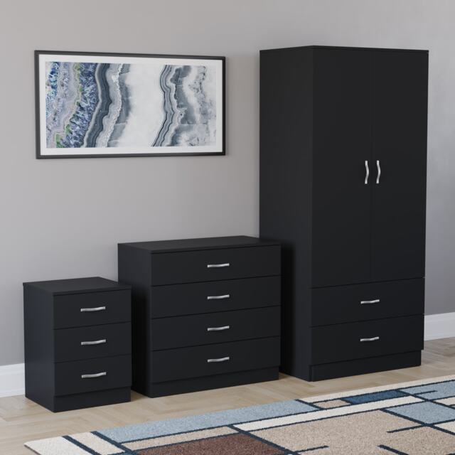 Vida Designs Riano 3 Piece Bedroom Set (3 Drawer Bedside Chest, 4 Drawer Chest, 2 Door 2 Drawer Wardrobe), Black (4)