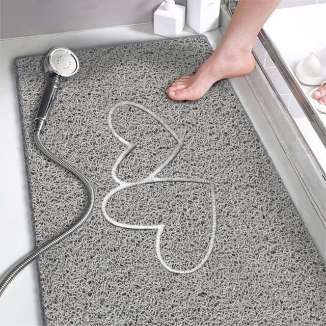 Embossed Spaghetti Anti Slip Shower Mat - Double Heart - 60cm x 40cm Grey Grey Rectangular 60x40cm