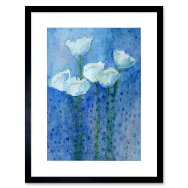 "White Tulips Flowers Floral Night Painting 9x7"" Black Framed Wall Art Print"