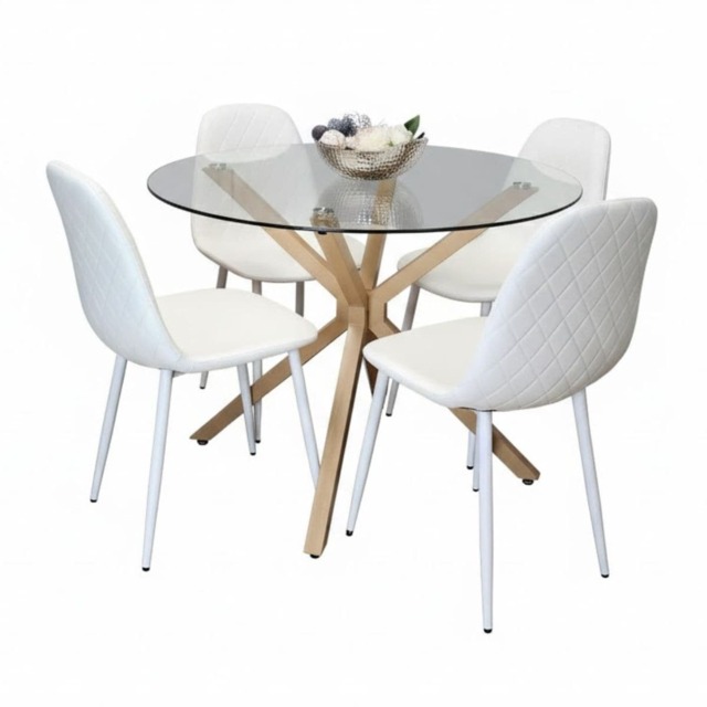 Kosy Koala Round Glass Dining Table Set With 4 White Gem Pattern Chairs Dining Room Furniture