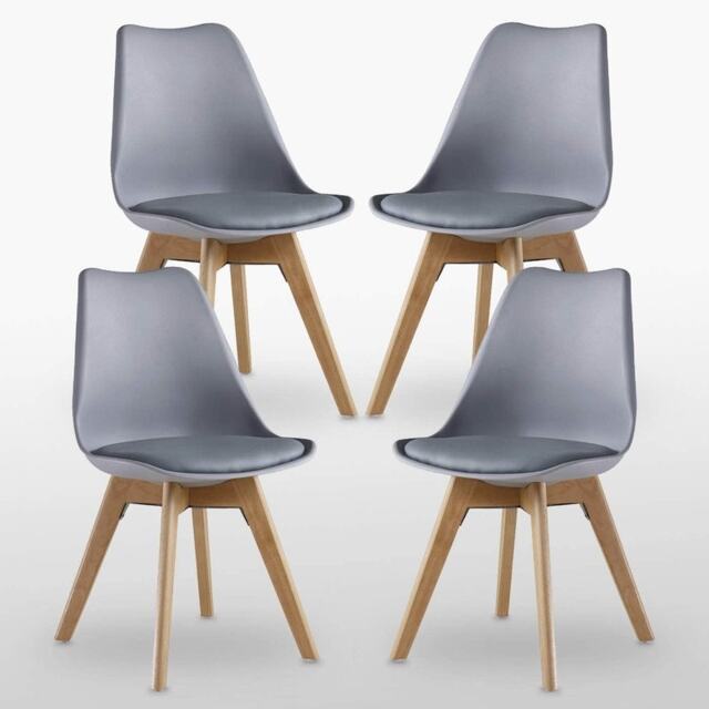 Set of 4 Scandinavian Dining Chairs with Leather Cushions Solid Wood Legs Grey
