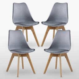 Set of 4 Scandinavian Dining Chairs with Leather Cushions Solid Wood Legs Grey