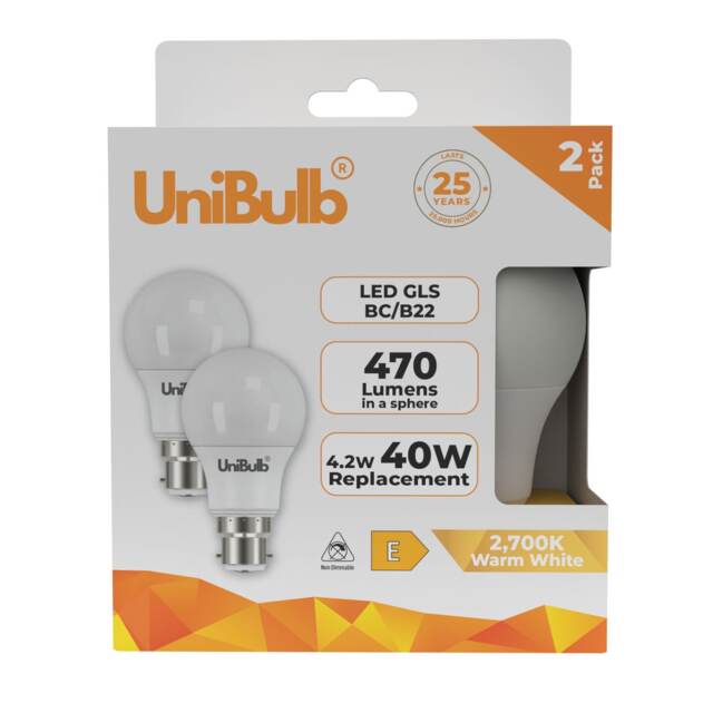 UniBulb LED GLS B22 Bayonet Cap (BC) 470lm 4.2W (Replaces 40W) 2700K (Warm White) Light Bulb - Pack of 2 White Warm White 2