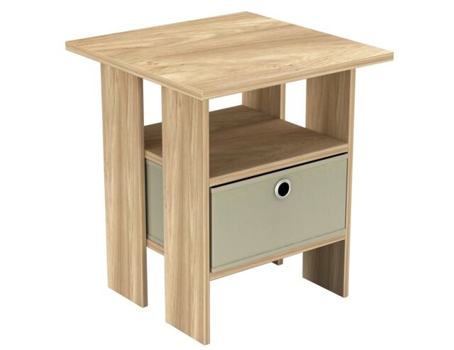 2-Tier 1- Drawer Wooden Side Table Brown Oak & Beige 1