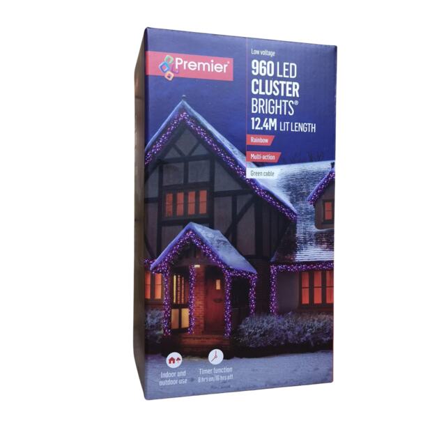 960 LED 12.4m Premier Clusterbrights Indoor Outdoor Multifunction Mains Operated Christmas Cluster Lights with Timer in Rainbow