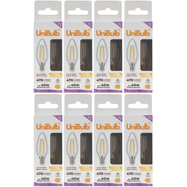 UniBulb LED Filament Candle E14 Small Edison Screw (SES) 470lm 4W (Replaces 40W) 2700K (Warm White) Light Bulb - Pack of 8