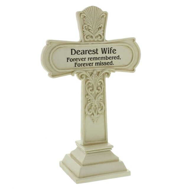 Dearest Wife Graveside Memorial Commemorative Cross 19cm Tall~ Heavy Ivory Resin Construction.