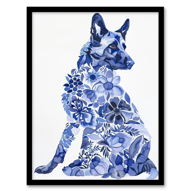 Dog Lover Floral Alsatian Blue Watercolour Black Framed Wall Art Print A4