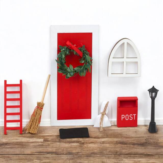 9Pcs Miniature Wooden Elf Christmas Village Scene Red & White Door Decoration Multi Multicoloured Lantern