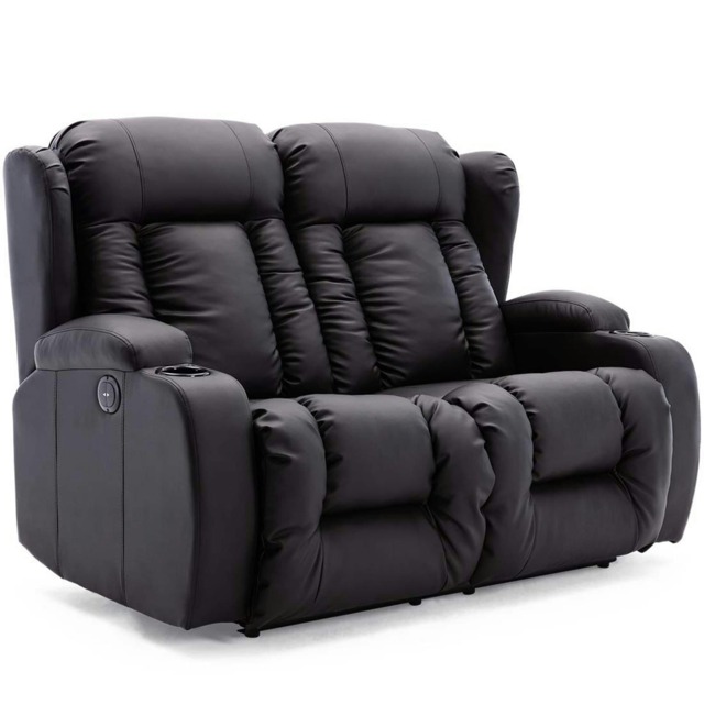 Caesar 2 Seater Electric High Back Bonded Leather Recliner Sofa (Black)