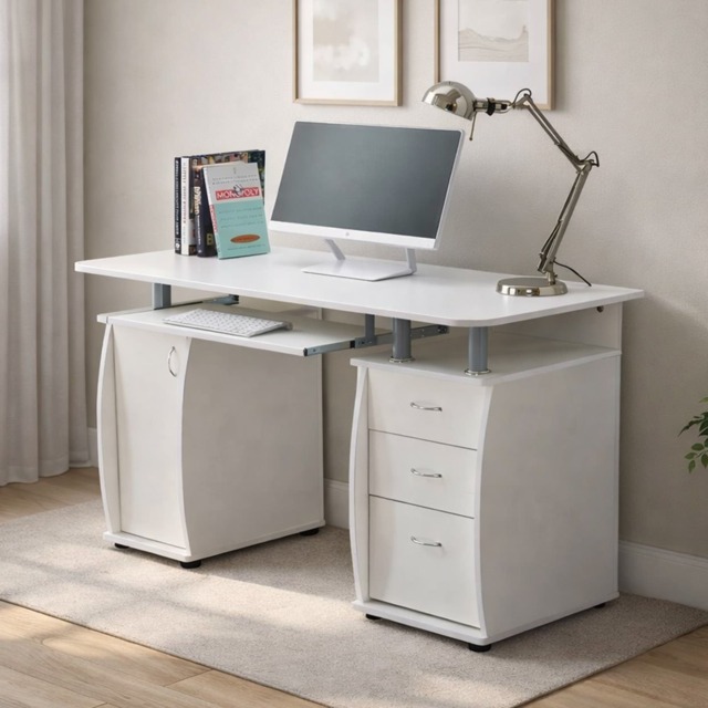 WICKLOW Computer Desk with Cabinet and 3 Drawers - White White