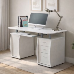 WICKLOW Computer Desk with Cabinet and 3 Drawers - White White