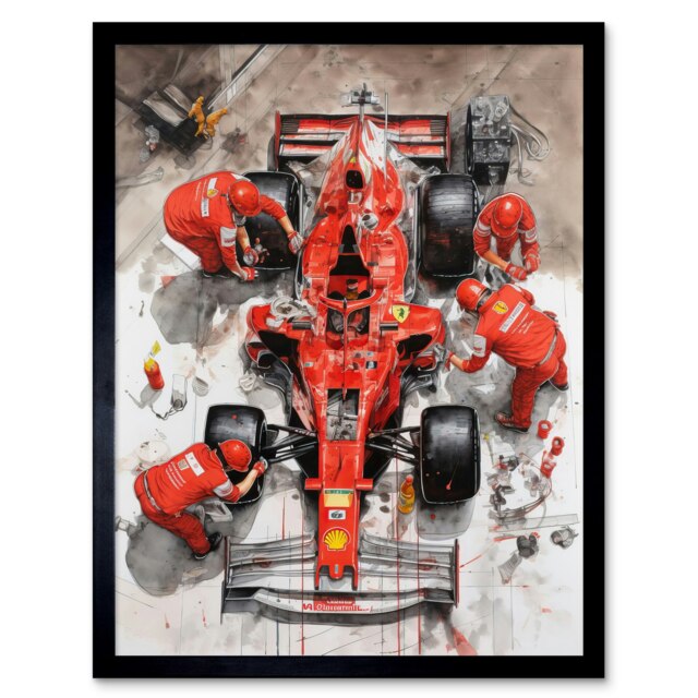 "Grand Prix Race Car Wheel Change Aerial Shot 12x16"" Framed Wall Art Print"