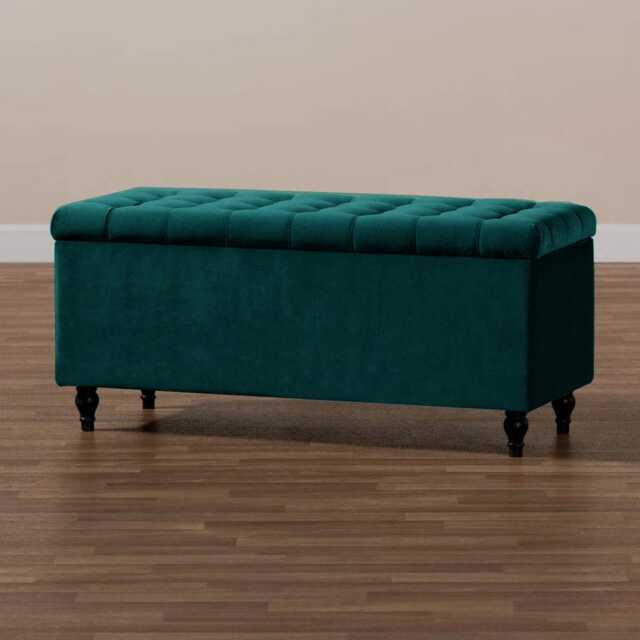 137cm Cubed Ottoman Storage Box,Emerald Green Velvet Upholstered Chesterfield Storage Ottoman Box with Wooden Legs