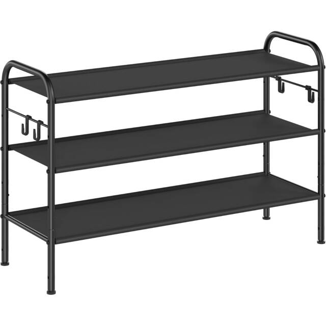 3-Tier Shoe Rack, Fabric Shelf Organizer with Hooks, Adjustable Storage for Closet, Hallway or Entryway, Ink Black