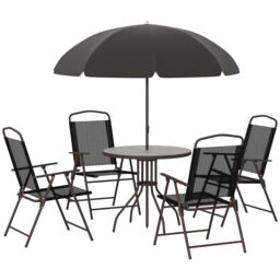 Outsunny 6PC Garden Dining Set Outdoor Furniture Folding Chairs Table Parasol Black