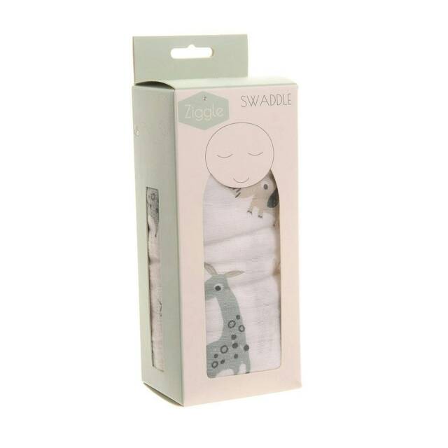 Ziggle Baby Cotton Muslin Swaddle Wrap - Grey Giraffe & Elephants Grey L
