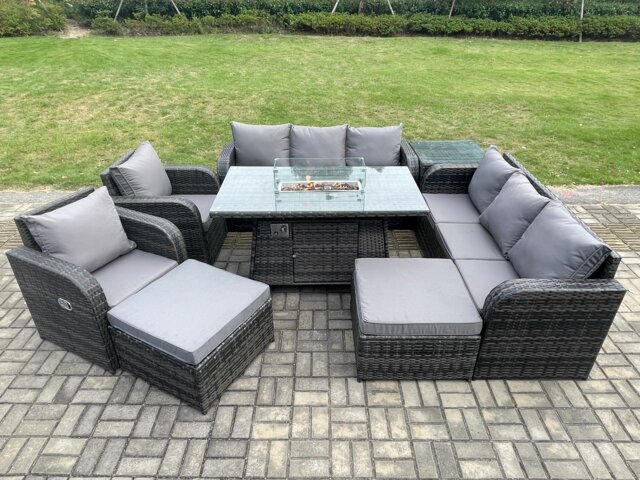 Fimous Rattan Outdoor Furniture Gas Fire Pit Rectangle Dining Table Gas Heater Adjustable Reclining Chair 3 Seater Sofa Sets 10 Seater