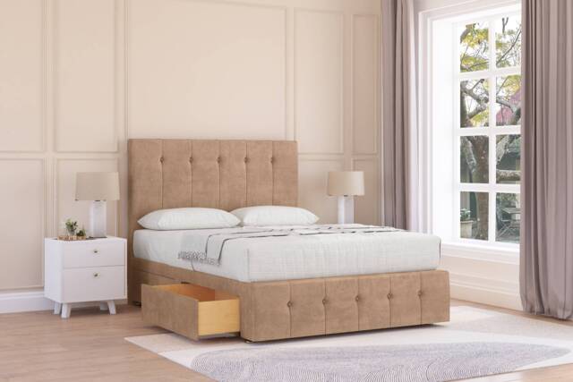 "Sloomy Cambridge Sand Naples Divan Bed With Mattress 2 Drawers Right Side With 26"" Strutted Headboard & 12"" Matching Footboard 4' Small Double Cream Sand Small Double 1"