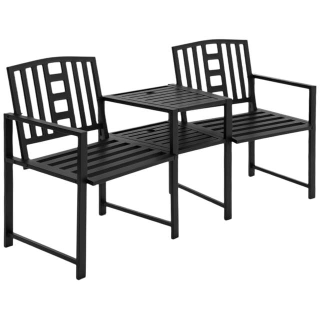 Outsunny Patio Tete-a-tete Chair 2 Seat Bench Middle Coffee Table w Umbrella Hole for Outdoors Decorative Slatted Design Steel Frame Black