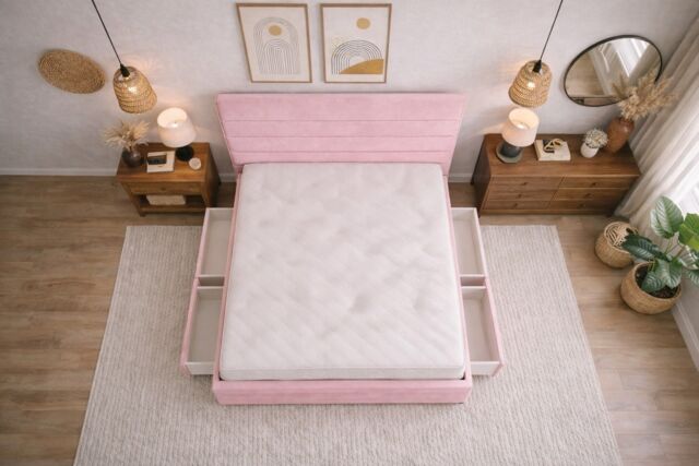 Divan Bed Set Headboard and Footboard with Mattress 3ft Single Pink Suede Storage 2 Drawers Right Side Laying in Bed