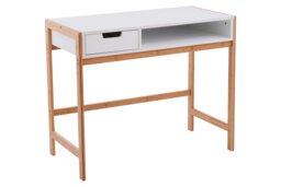 Interiors by Premier White One Drawer Desk, Computer Desk with Natural Wood Legs, Study Table Bedside Desk for Home, Office White