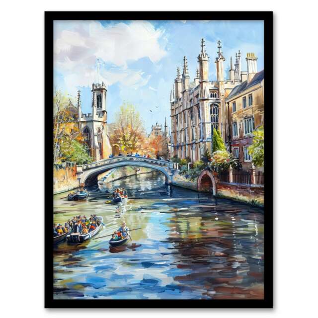 Cambridge Canal Boats England Living Room Black Framed Wall Art Print A4