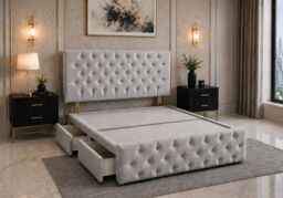 Brooklyn Divan Bed with Upholstered Headboard & Footboard Base - Single Silver Linen 2 Drawers Storage Right Side in Bed