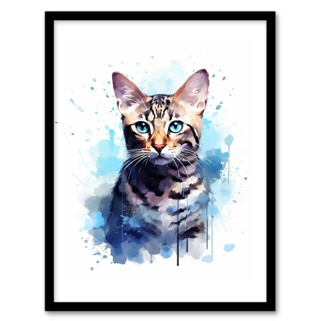 Cat Bengal Watercolour Pet Portrait Home Decor Black Framed Wall Art Print A4