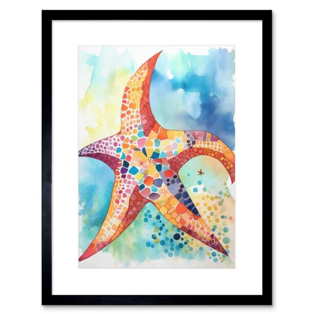 "Abstract Mosaic Starfish Folk Bathroom Art 9x7"" Black Framed Wall Art Print"