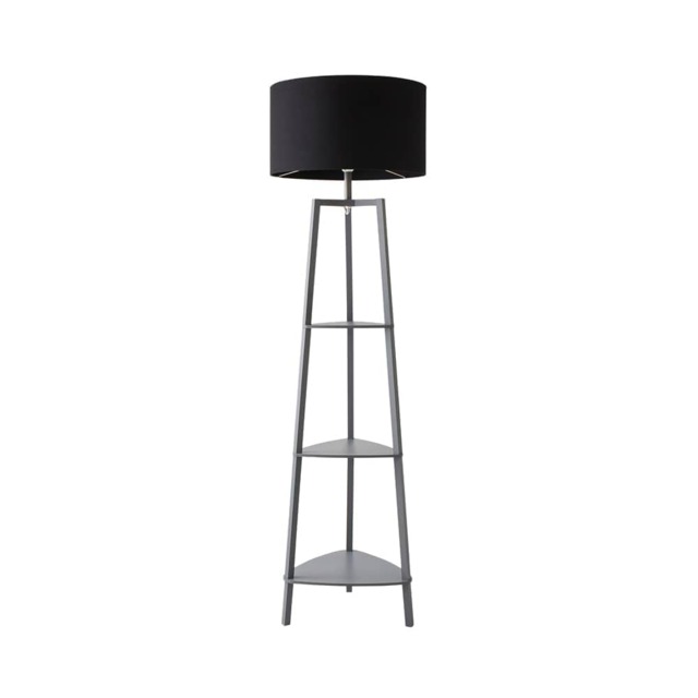ValueLights Hiru Grey 3 Tier Shelf Floor Lamp Black Shade and Bulb