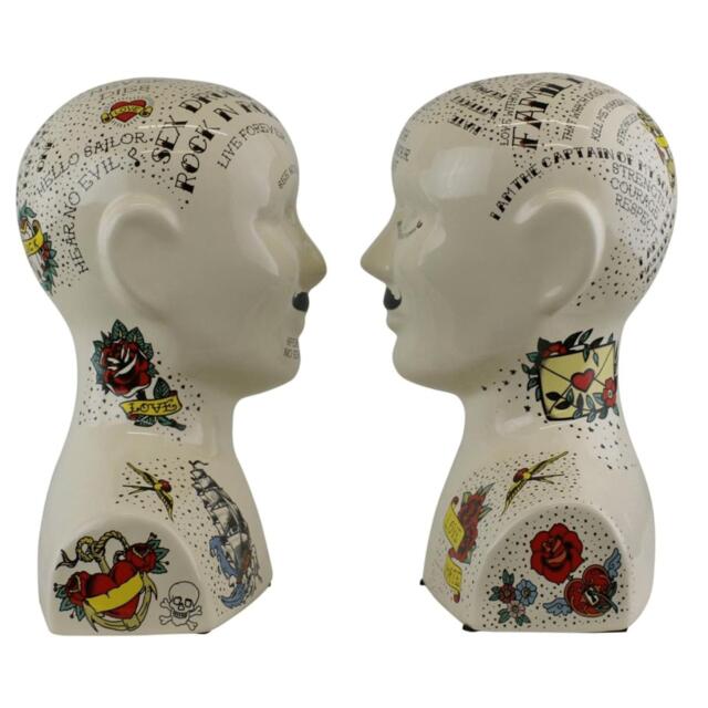 Set of Two Phrenology Tattoo Themed Porcelain Bookends