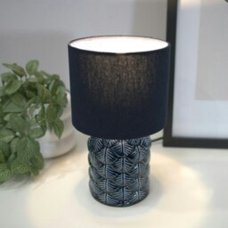 ValueLights Priyah Pair of Navy Ceramic Scallop Table Lamps with Fabric Shades & Bulbs Blue