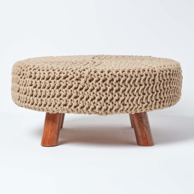 Homescapes Linen Large Round Cotton Knitted Footstool on Legs