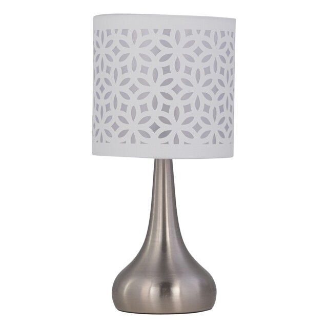 Romana - Brushed Chrome Touch Table Lamp with White Laser Cut Shade Chrome Satin nickel plate and white cut out cotton 1