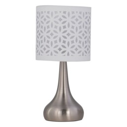 Romana - Brushed Chrome Touch Table Lamp with White Laser Cut Shade Chrome Satin nickel plate and white cut out cotton 1