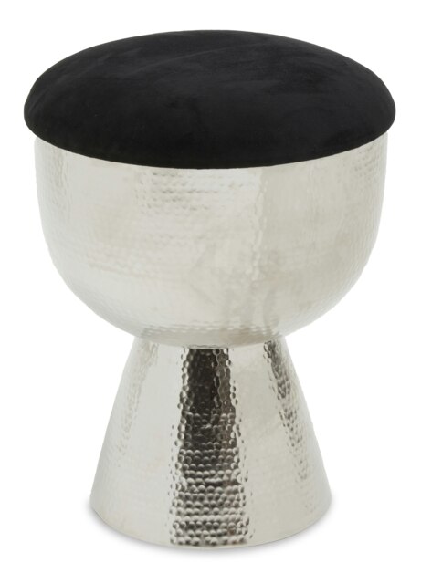 Orsina Chrome & Black Stool with Velvet Seat, Hammered Details Makeup Stool, Contemporary Ottoman Footstool