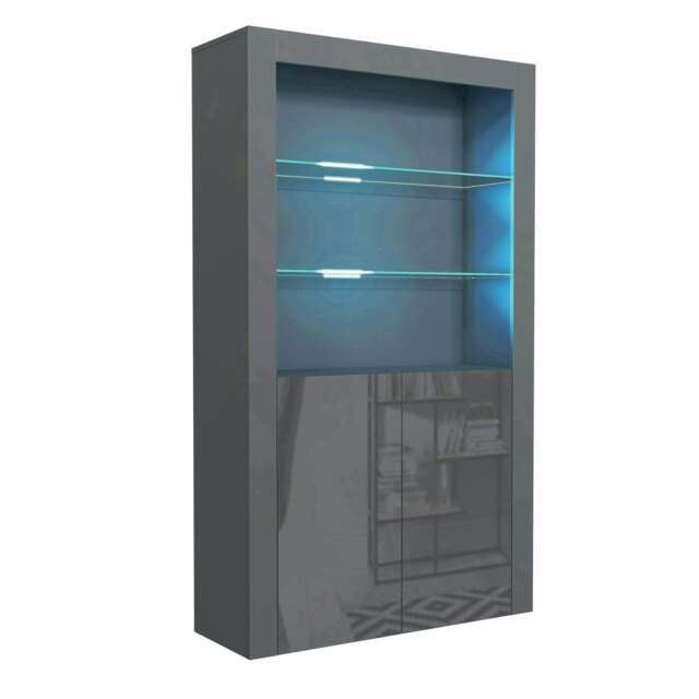 Display Cabinet 100cm Grey Gloss Doors Dark Matt Body Free LED Grey