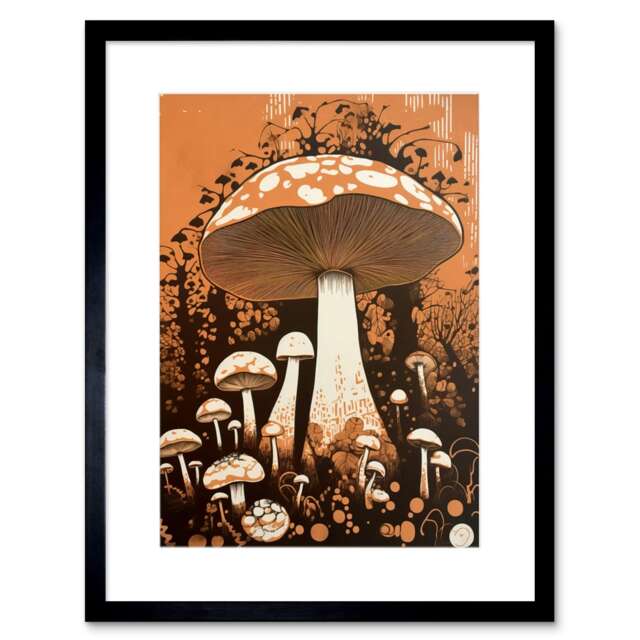 "Vintage Mushroom Red Cap Fungi Orange Brown 9x7"" Black Framed Wall Art Print"