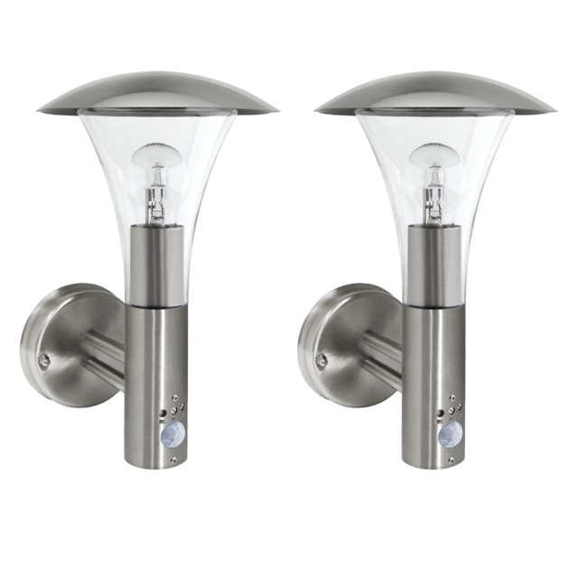 Set of 2 Halo - Stainless Steel Outdoor IP44 Motion Sensor Wall Lights Grey Brushed stainless steel and clear PC Small 2