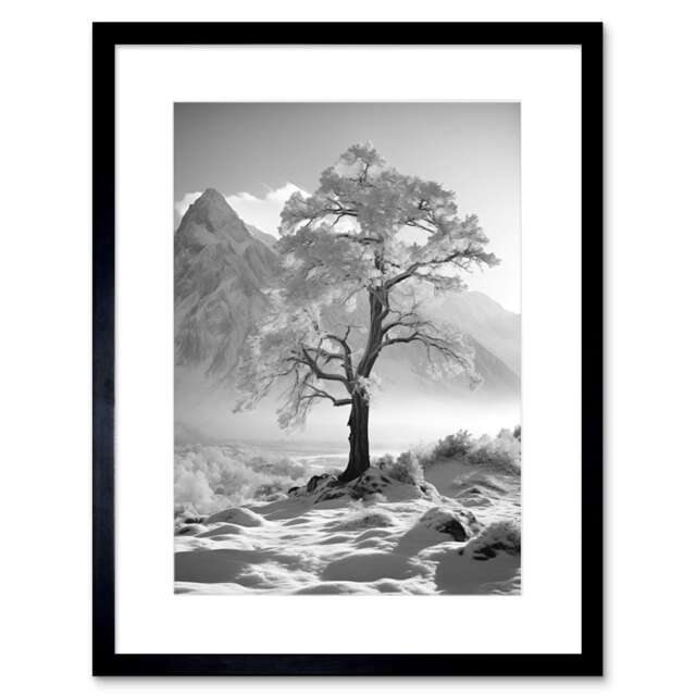 "Frozen Lone Tree Mountain Landscape Winter Sunrise 9x7"" Black Framed Wall Art Print"