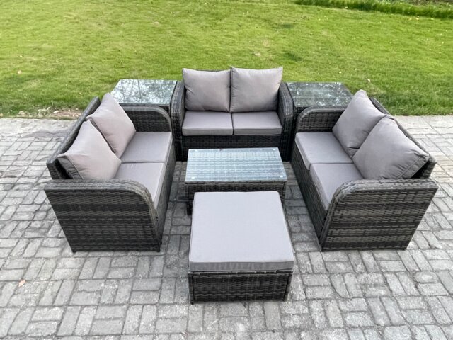 Fimous Outdoor Garden Furniture Sets 7 Seater Wicker Rattan Furniture Sofa Sets with Rectangular Coffee Table Love Sofa 2 Side Tables Big Footstool Dark Grey Mixed