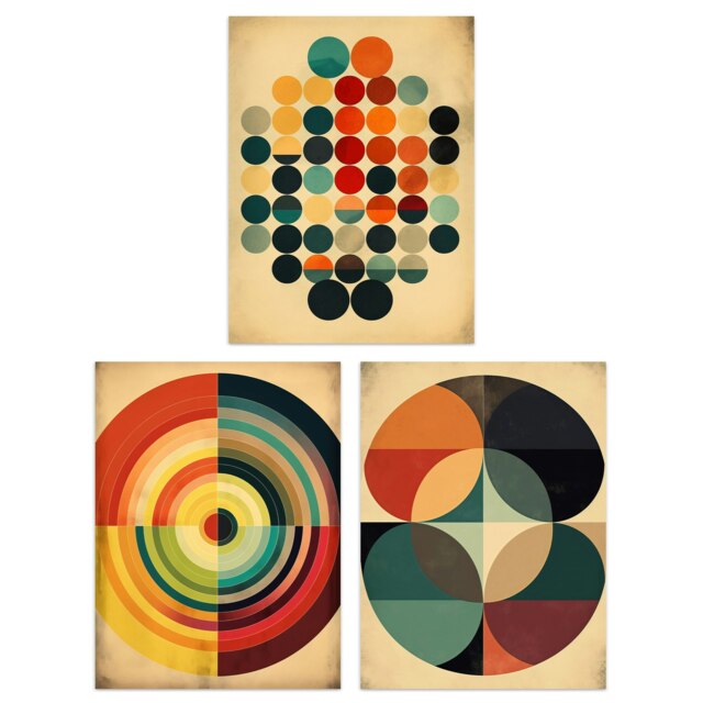 Set of 3 Bauhaus Mid Century Modern Abstract Circles Wall Art Living Room Prints Pack 12X16 Inch