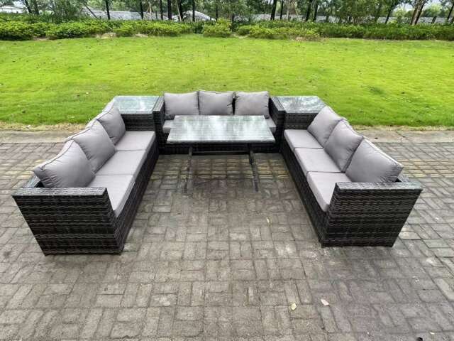 Fimous 9 Seater Rattan Outdoor Furniture Sofa Garden Dining Set with Patio Dining Table 2 Side Tables Dark Grey Mixed